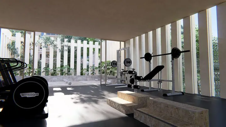 Gimnasio techado con vista al jardín en Alana