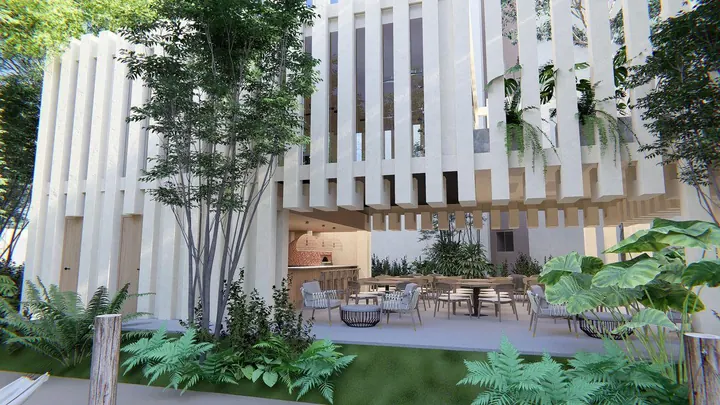 Casa club con mesas y cocina en Alana