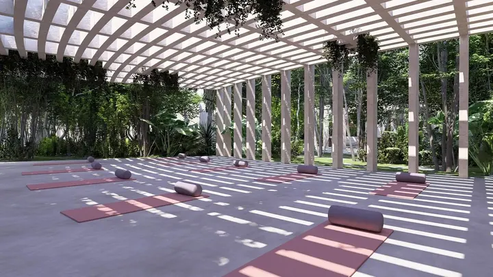 Área de yoga techada en Okün Living