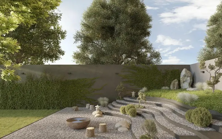 Jardín zen con piedras y árboles en VEQ Brasilia