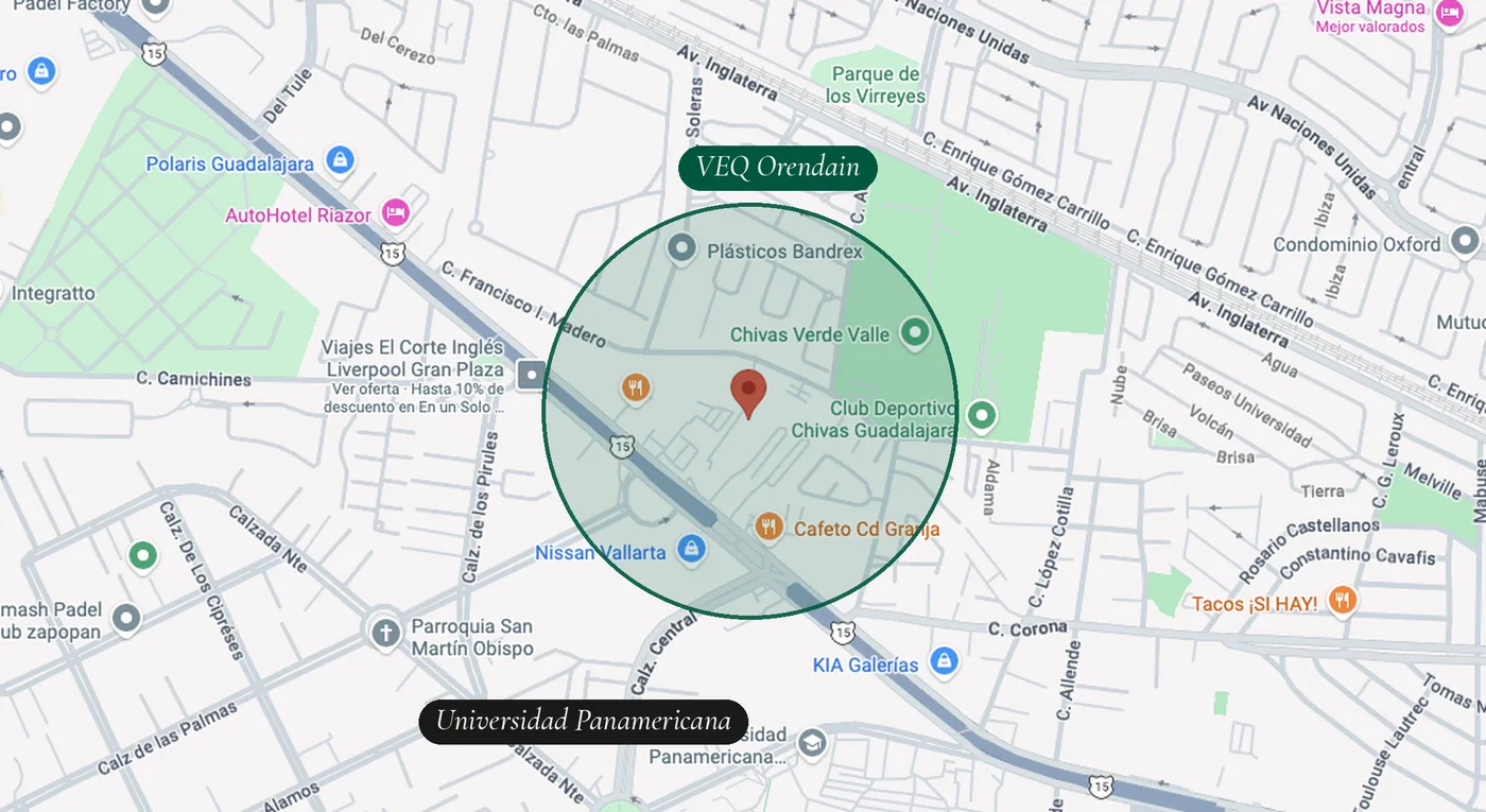 Mapa de la zona de VEQ Orendain con radio ilustrativo y la Universidad Panamericana